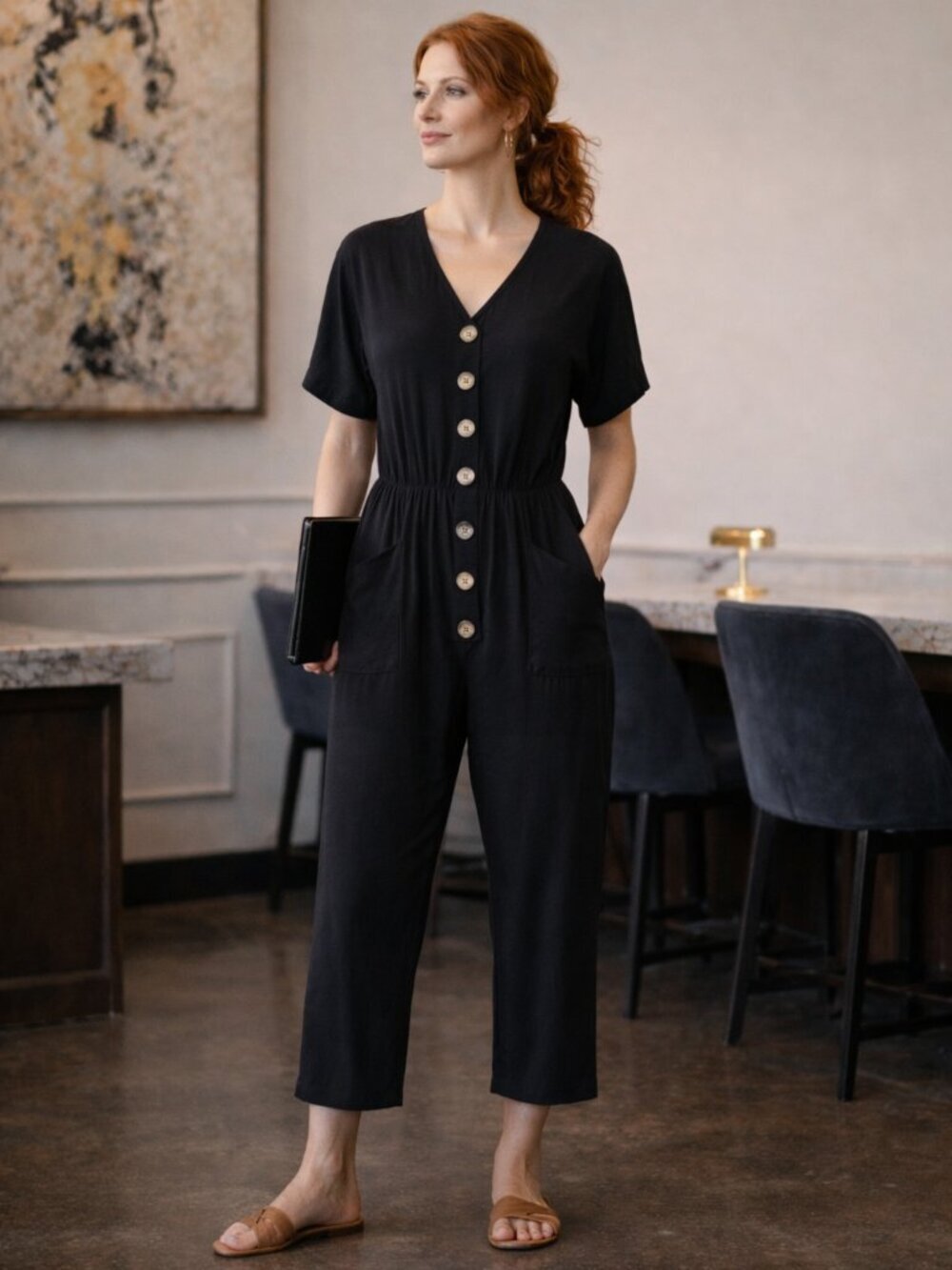 Dolan Left Coast Black Tencel Cropped Jumpsuit XS Button Front Polished Workwear